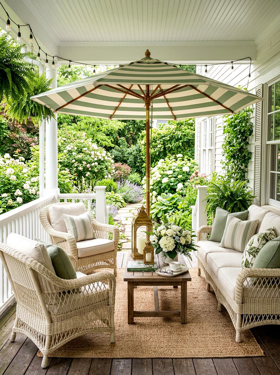 Sage Striped Umbrella - 30 striped porch umbrella ideas