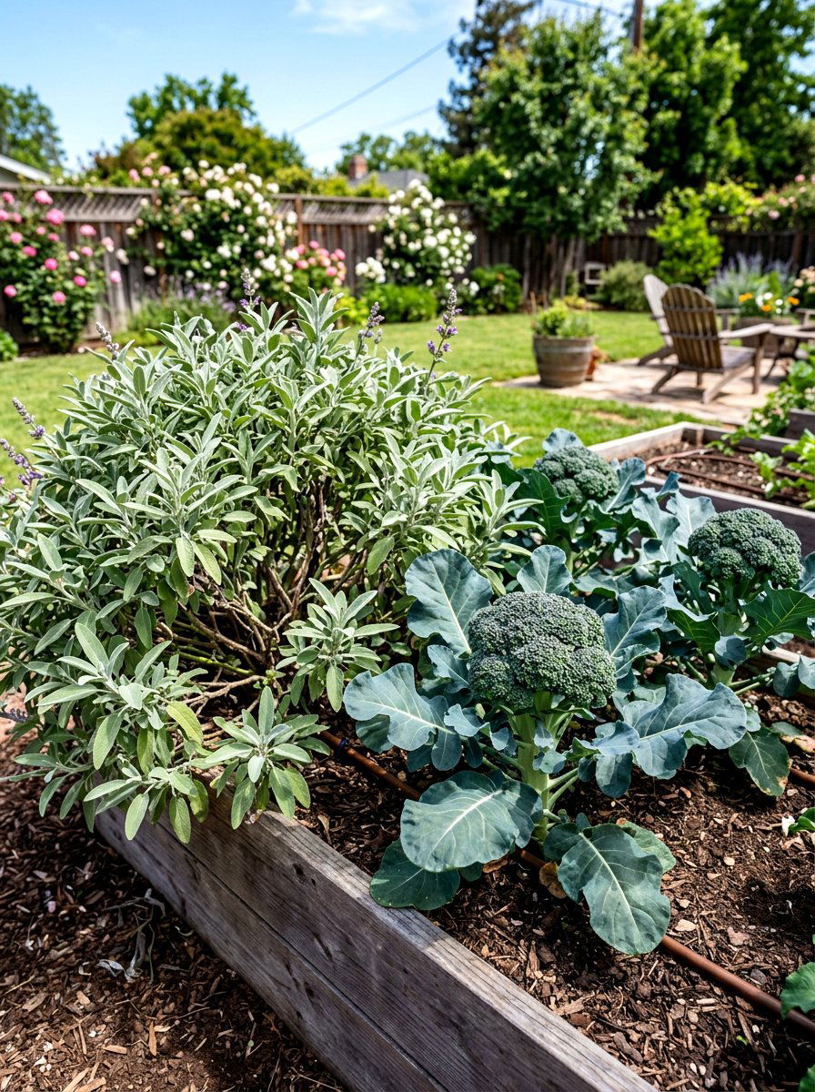 Sage and broccoli garden protection - 30 vegetable garden companion planting ideas