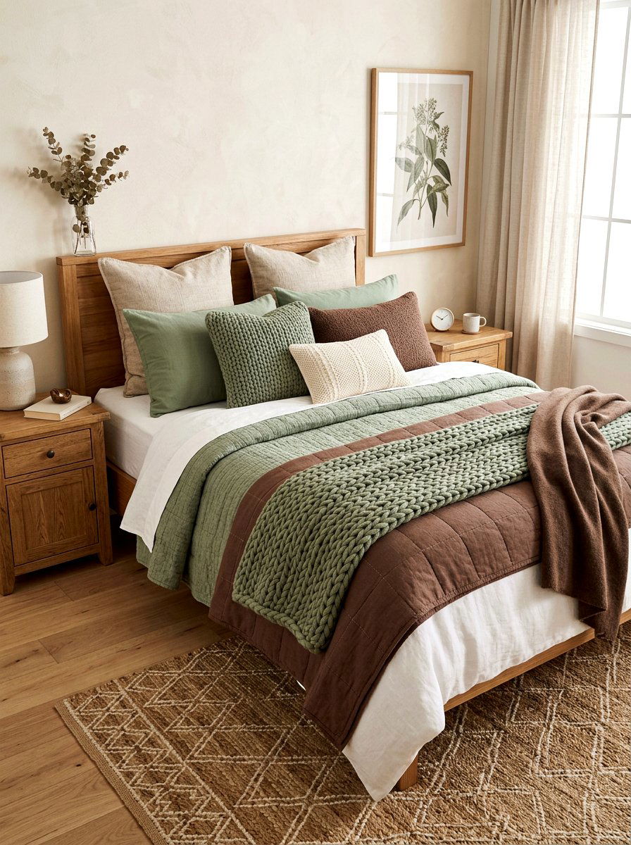 Sage cocoa layered bedding - 30 sage and cocoa bedroom ideas