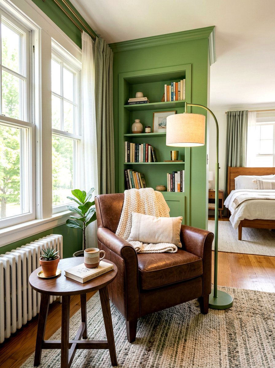 Sage cocoa reading nook - 30 sage and cocoa bedroom ideas