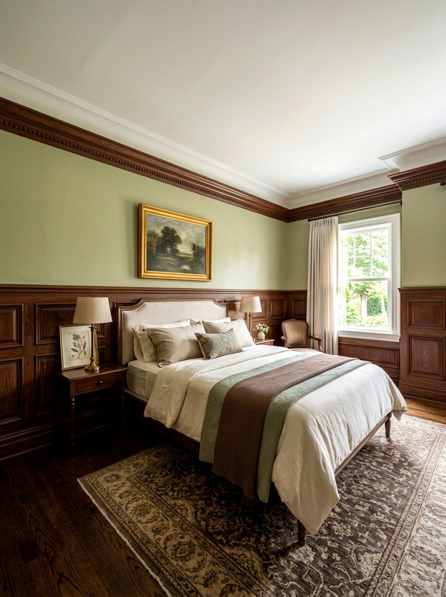 Sage cocoa wood paneling - 30 sage and cocoa bedroom ideas