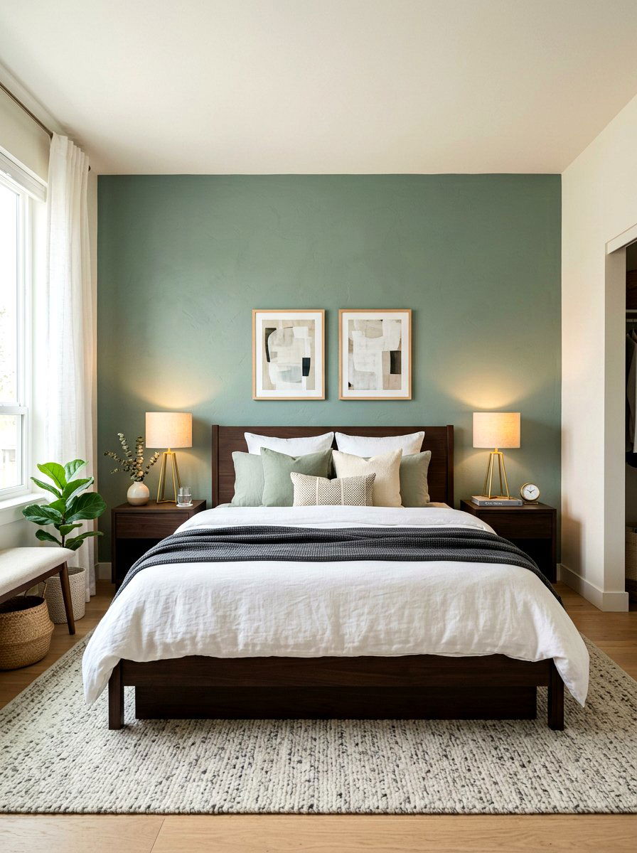 Sage green accent wall cocoa furniture - 30 sage and cocoa bedroom ideas