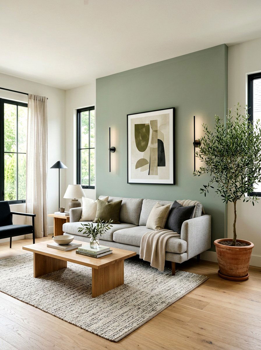 Sage green accent wall living room - 30 terracotta and sage living room ideas