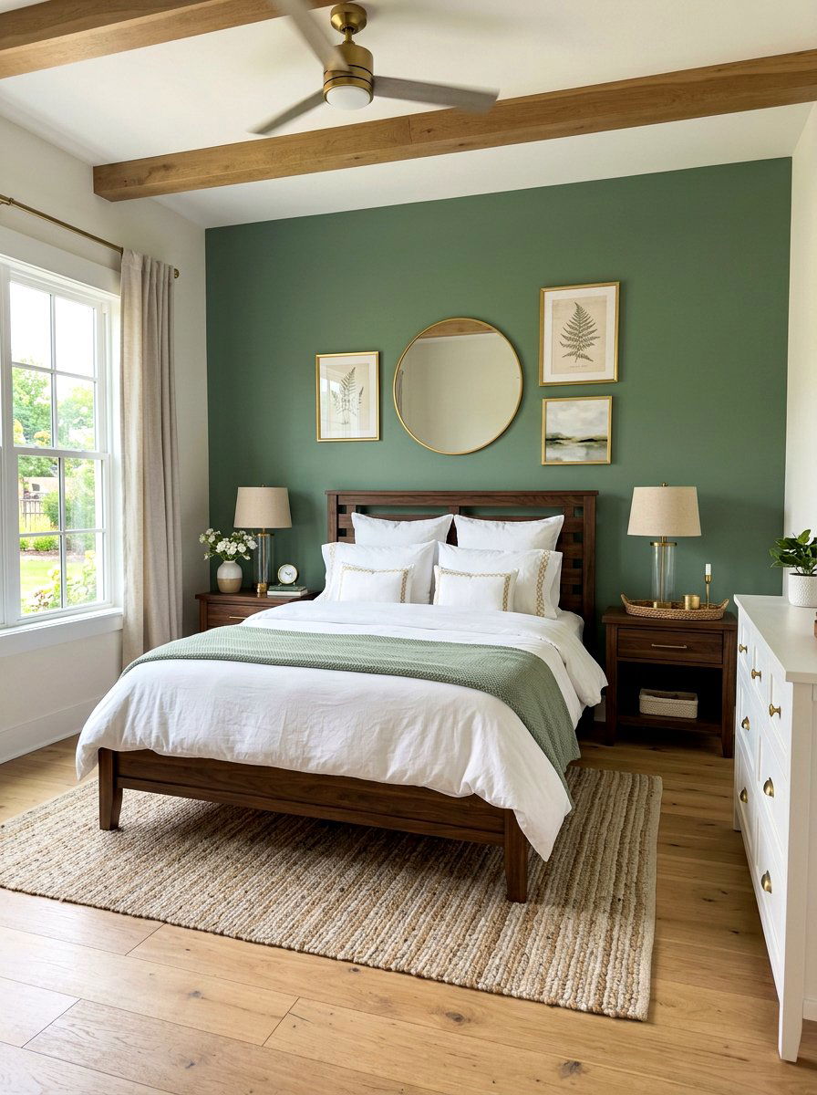 Sage green accent wall - 30 farmhouse bedroom ideas