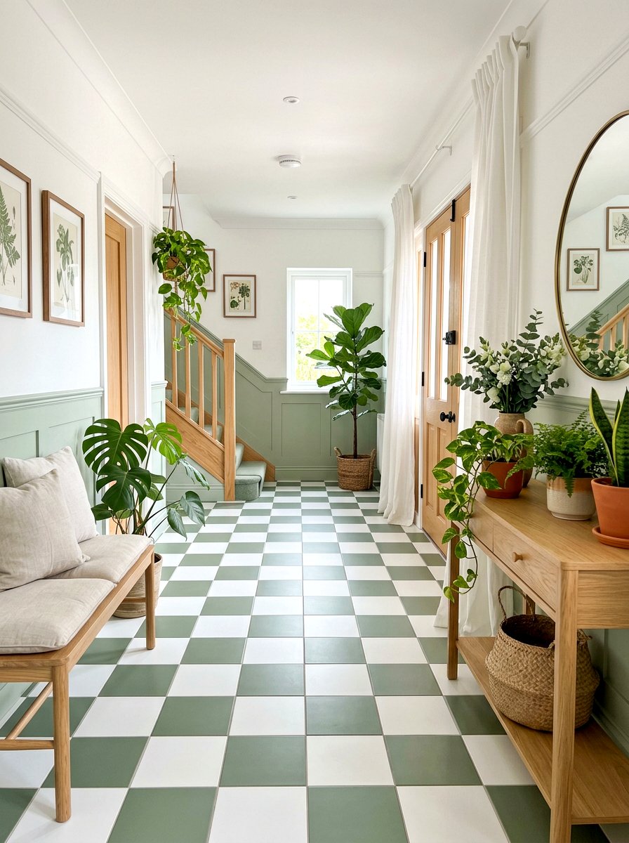 Sage green and white foyer - 30 checkerboard foyer floor ideas