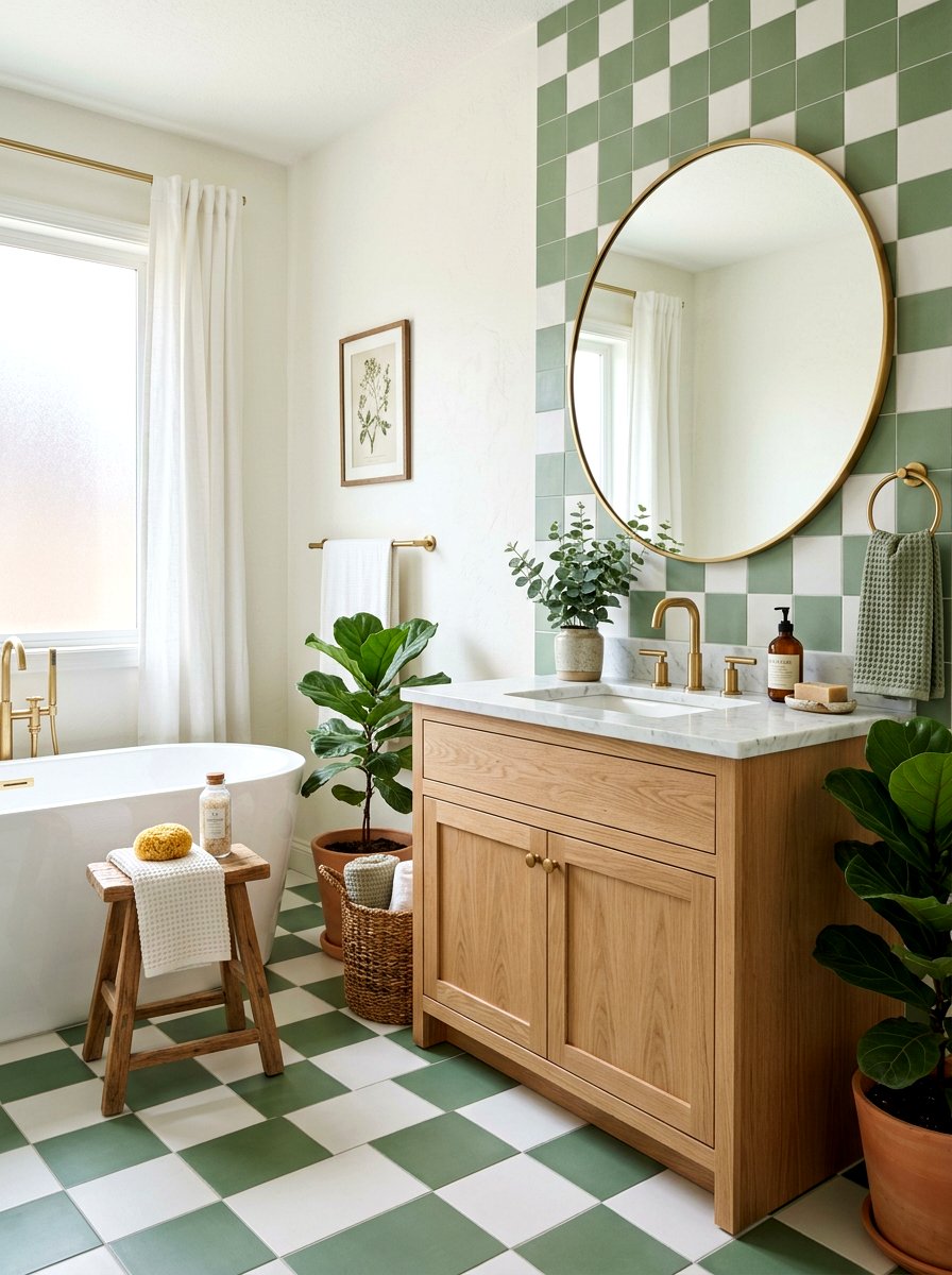 Sage green and white tile bathroom - 30 checkerboard bath floor ideas