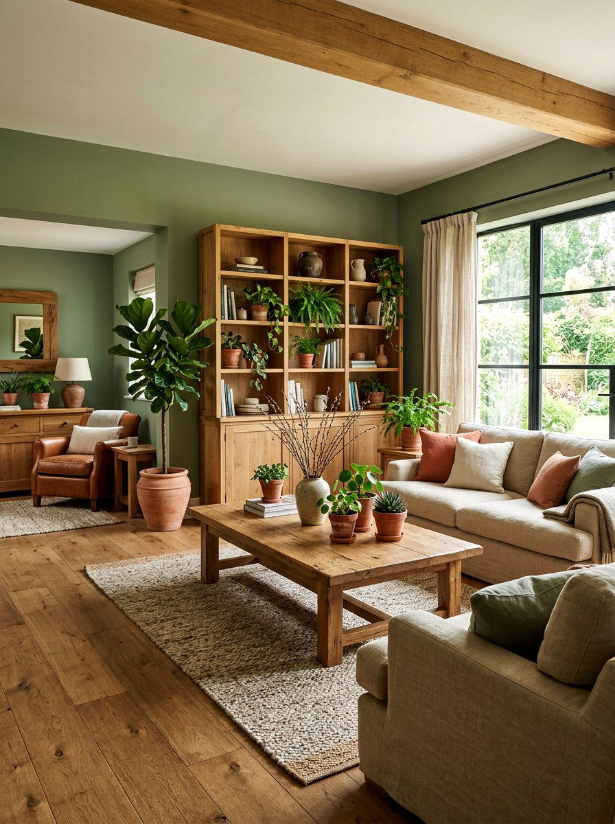 Sage green and wood furniture living room - 30 terracotta and sage living room ideas