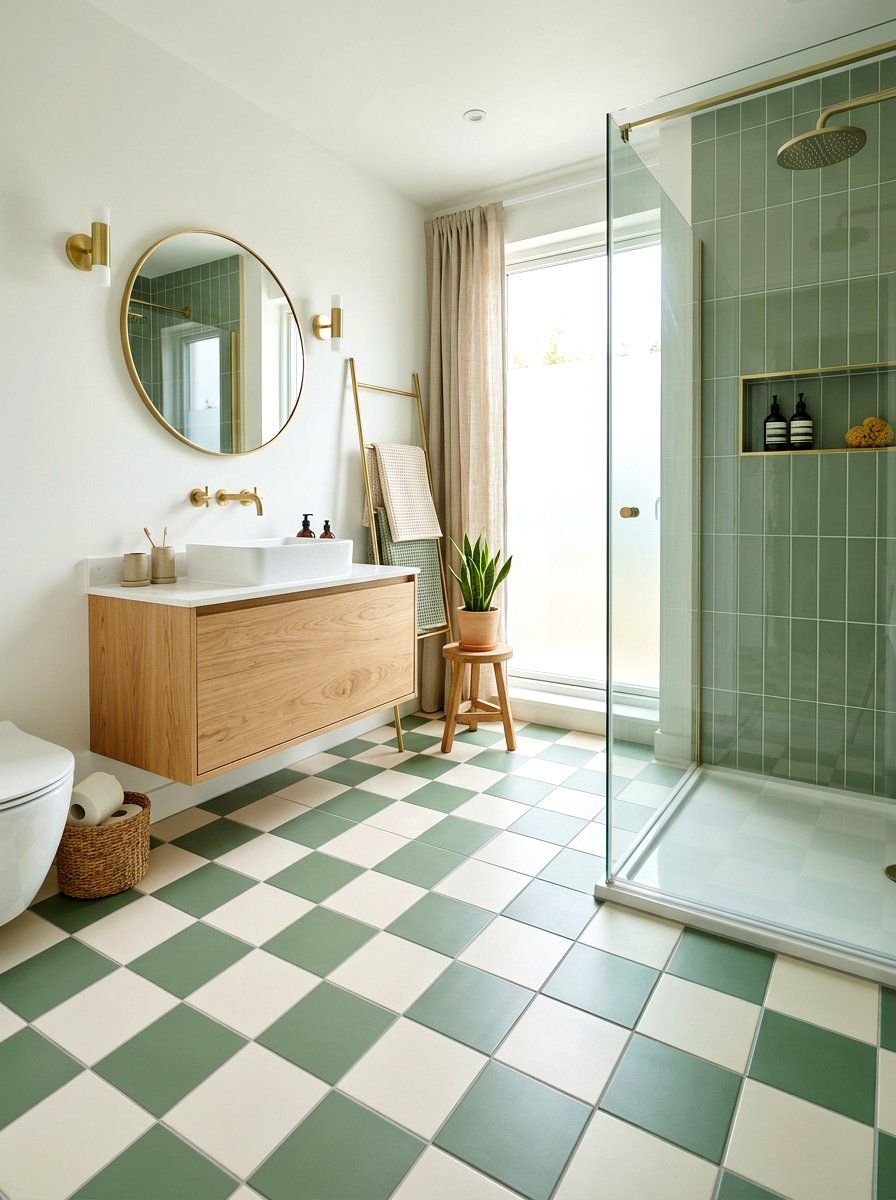 Sage green bathroom checkerboard