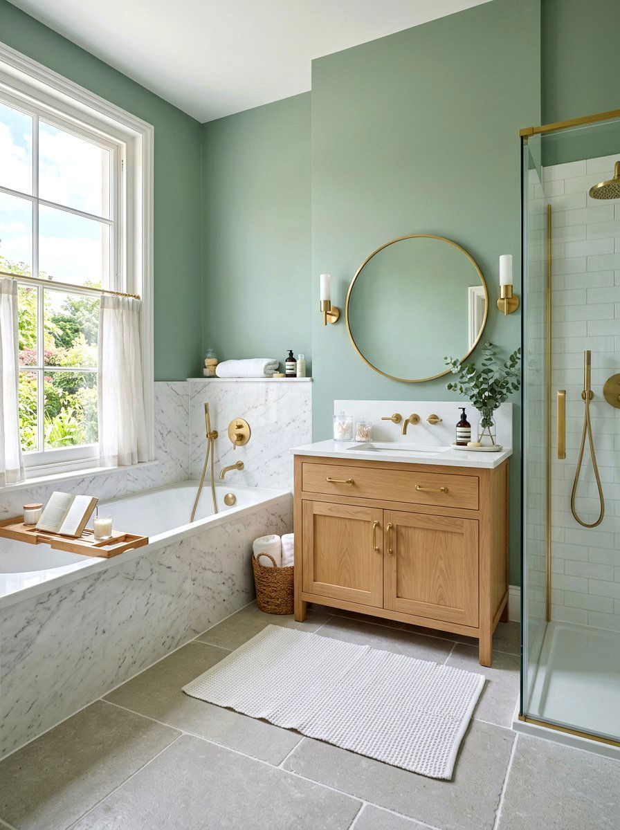 Sage green bathroom walls - 30 alcove tub styling ideas