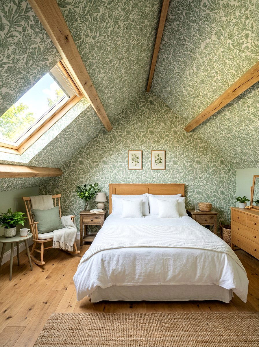 Sage green botanical attic - 30 garden print wallpaper ideas