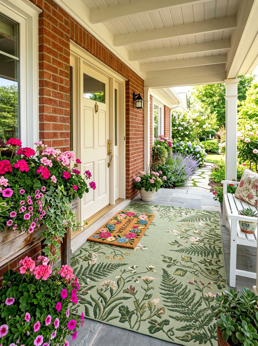 Sage green botanical rug - 30 porch doormat layering ideas