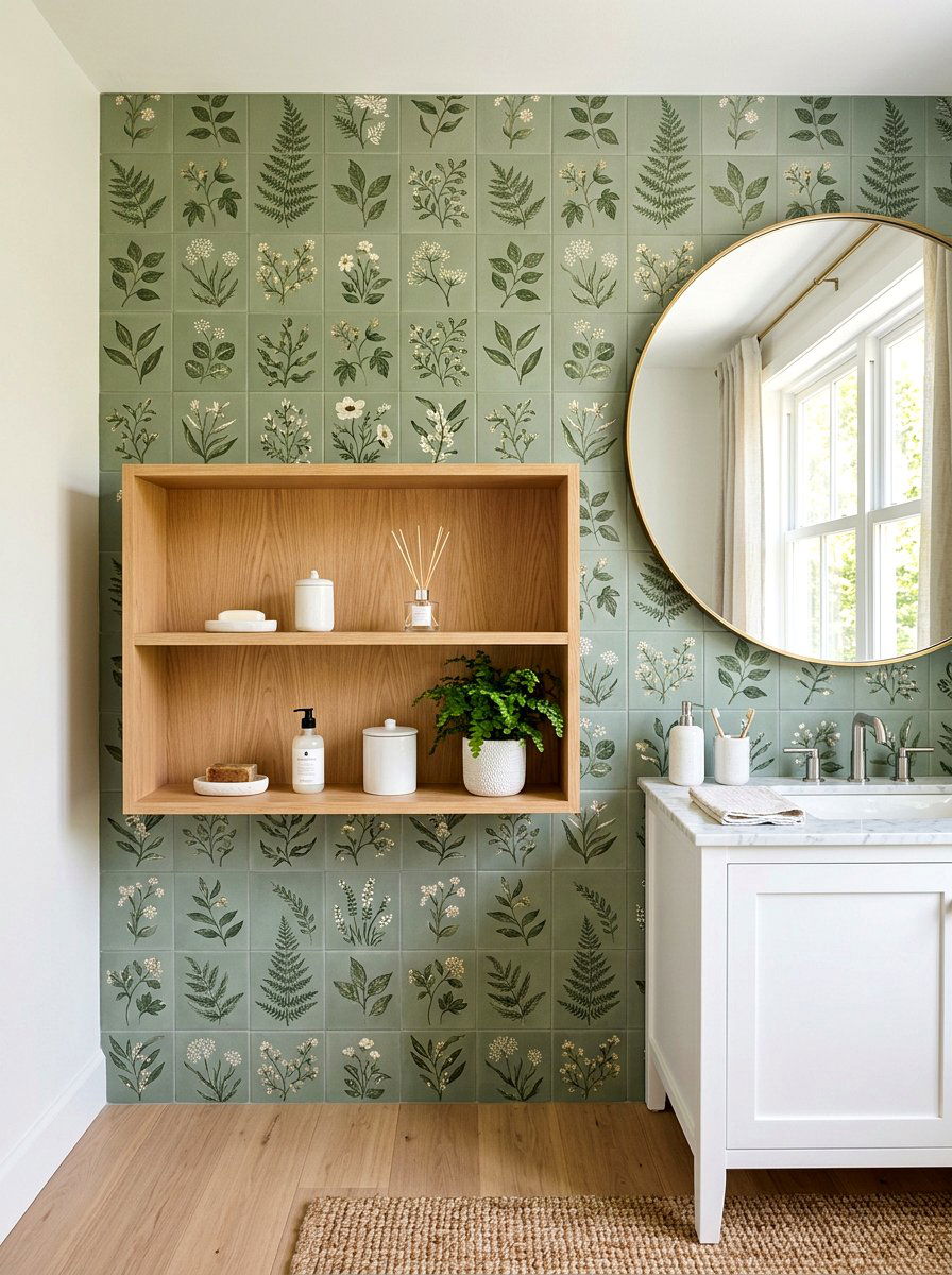 Sage green botanical wall tile - 30 removable tile bathroom ideas