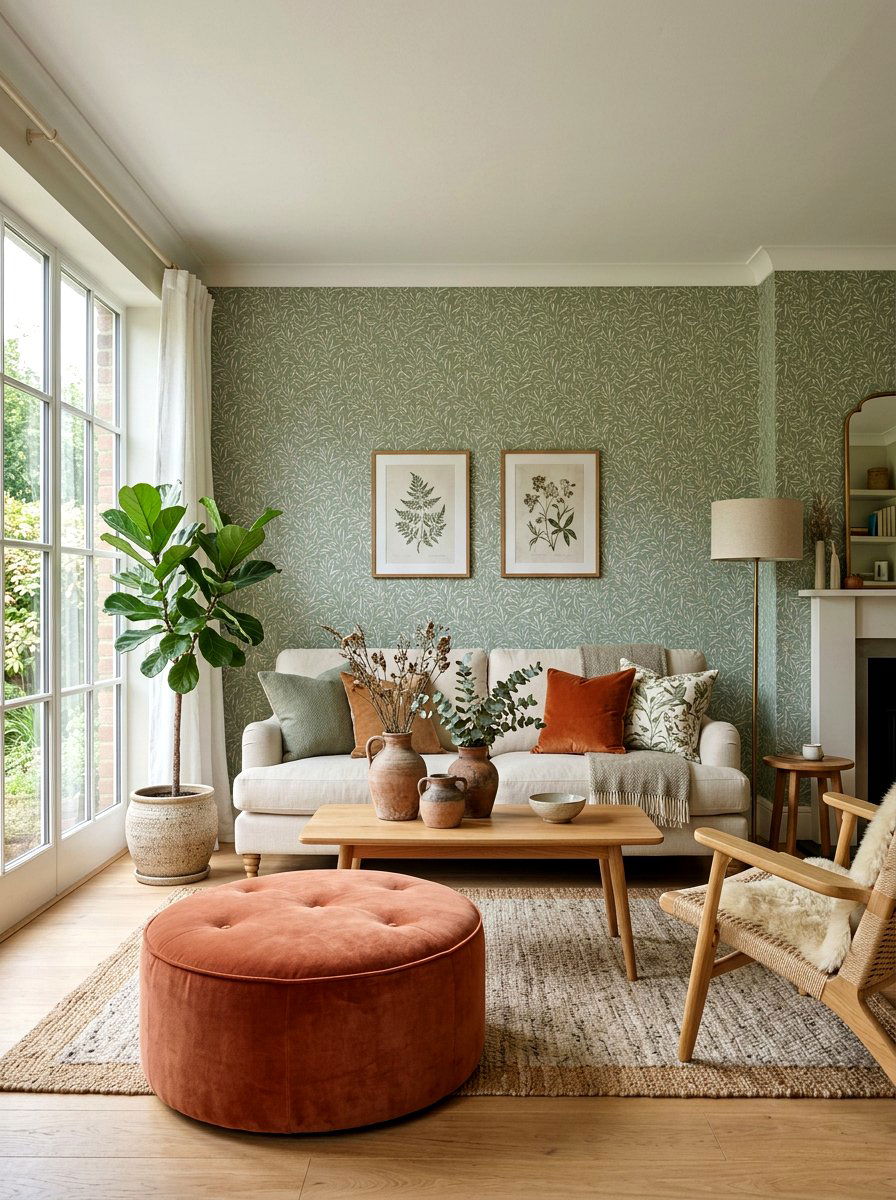 Sage green botanical wallpaper living room - 30 terracotta and sage living room ideas
