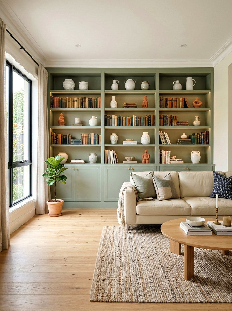 Sage green built in bookshelf living room - 30 terracotta and sage living room ideas