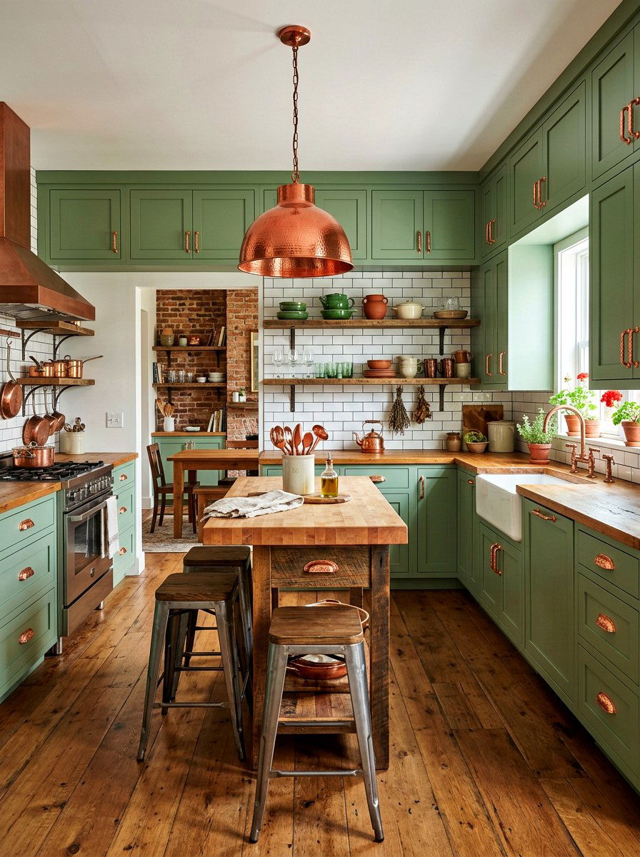Sage green cabinets with copper hardware - 30 sage kitchen cabinet ideas