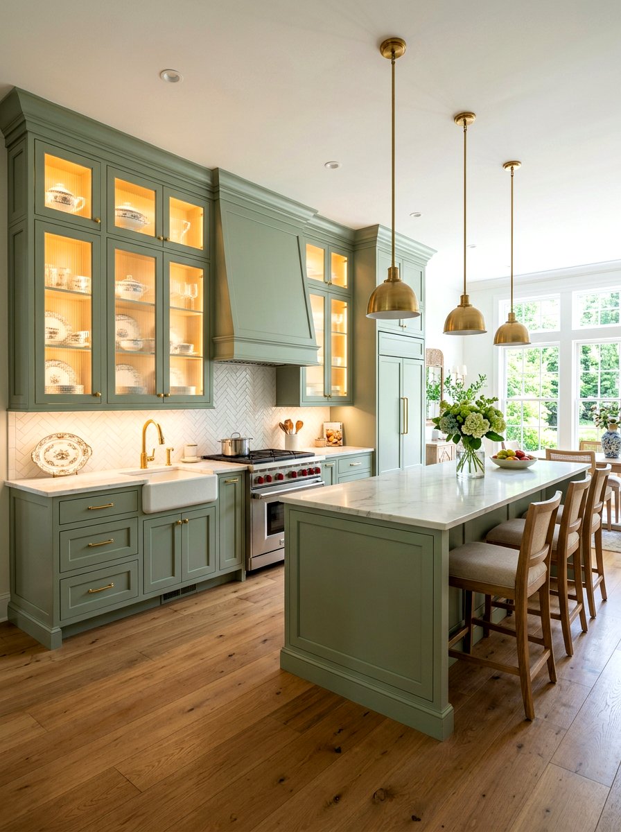 Sage green cabinets with glass doors - 30 sage kitchen cabinet ideas