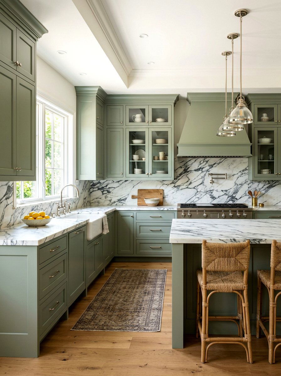 Sage green cabinets with marble countertops - 30 sage kitchen cabinet ideas