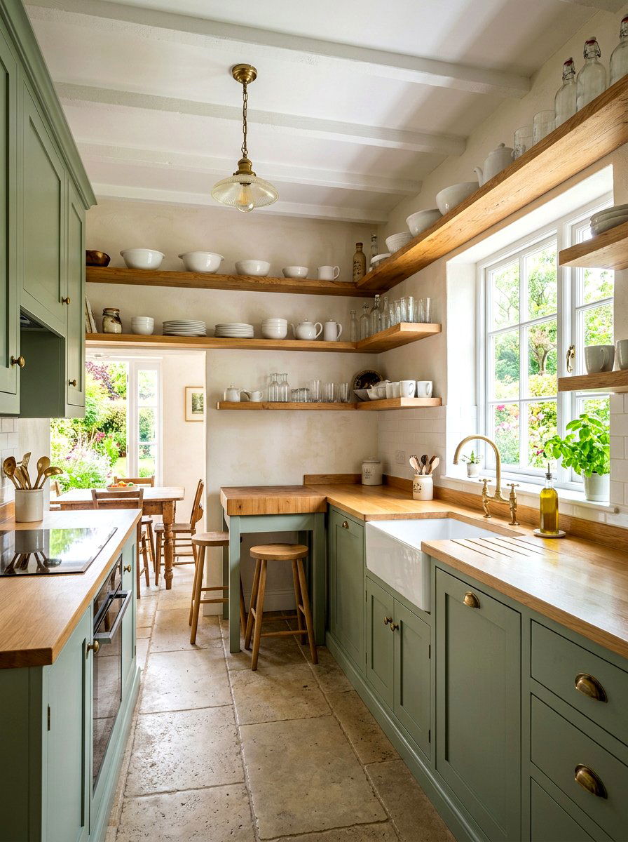 Sage green cabinets with open shelving - 30 sage kitchen cabinet ideas