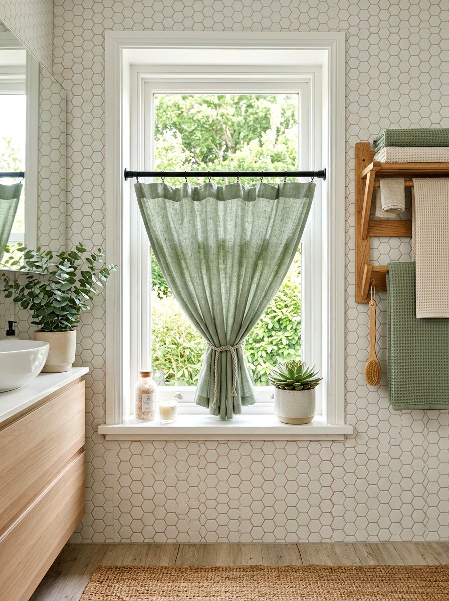 Sage green cafe curtain bathroom - 30 cafe curtain bathroom ideas