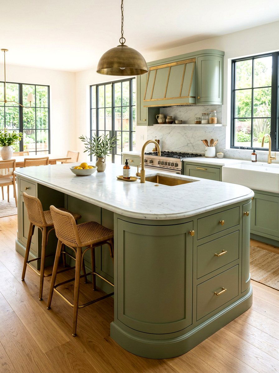 Sage green curved island - 30 curved kitchen island ideas