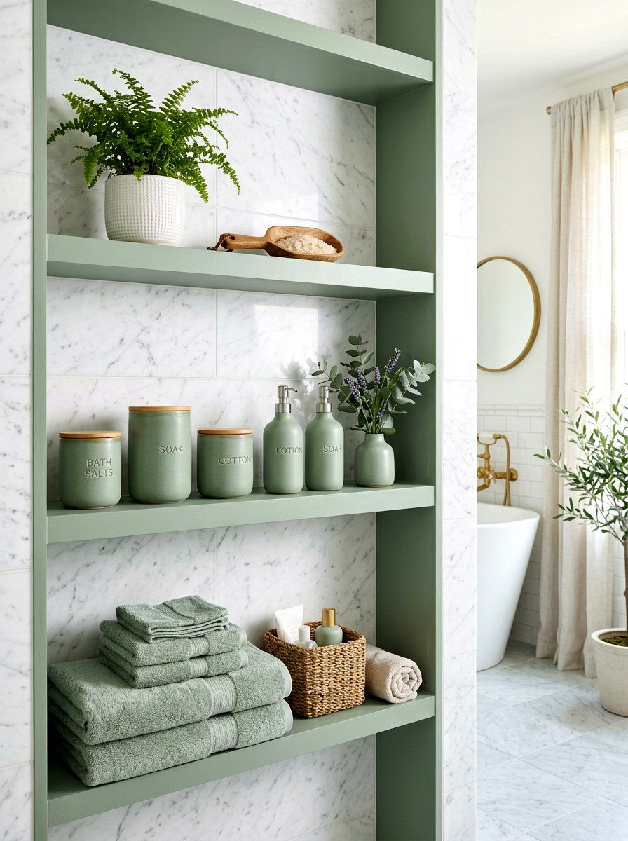 Sage green decor accents - 30 spa shelf styling bathroom ideas