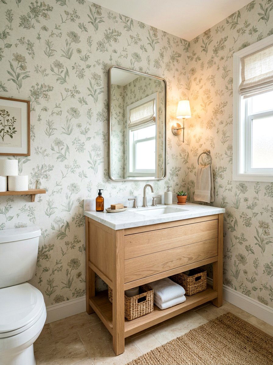 Sage green flower wallpaper - 30 floral wallpaper powder room ideas