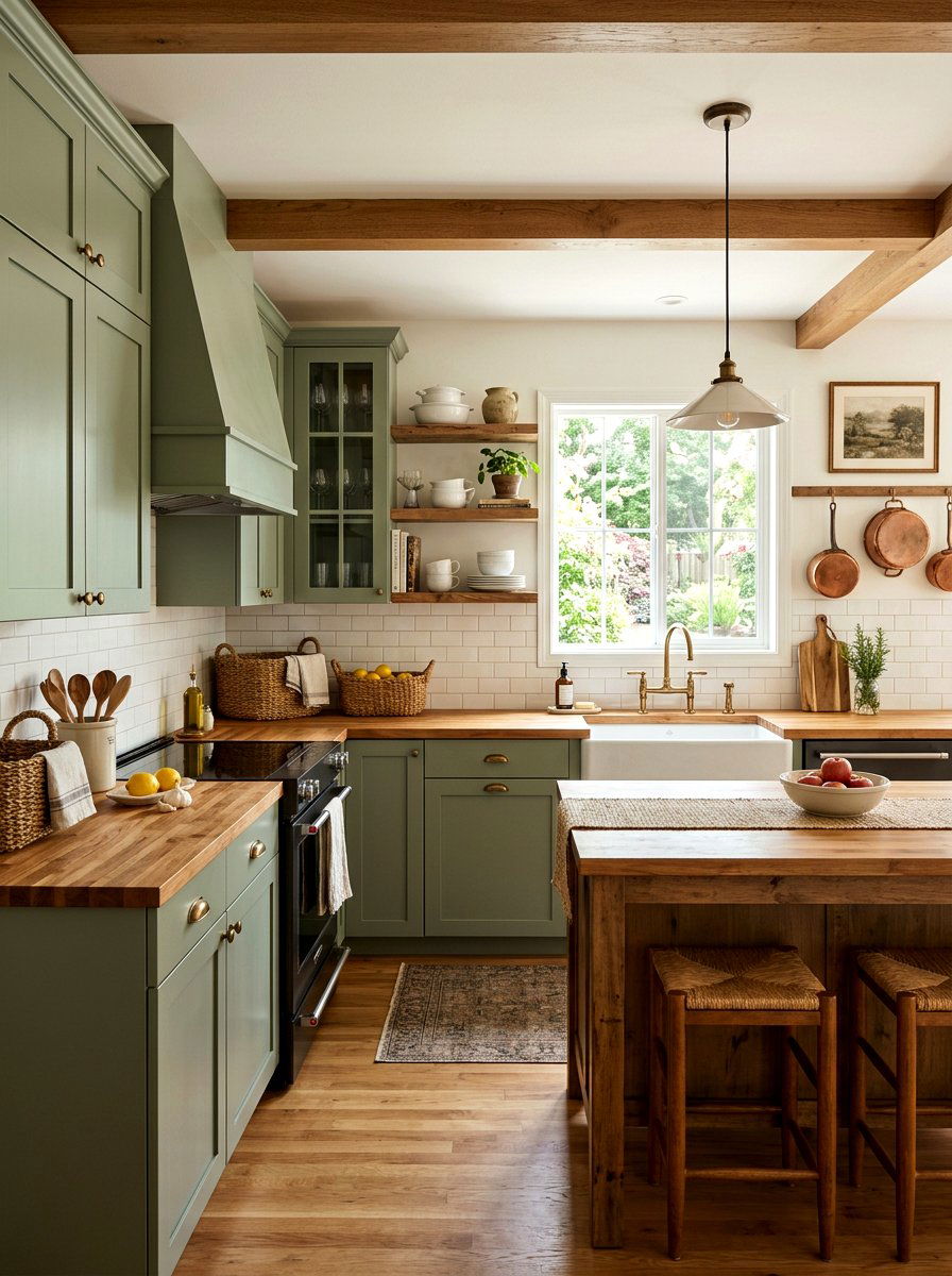 Sage green kitchen cabinets with butcher block - 30 sage kitchen cabinet ideas