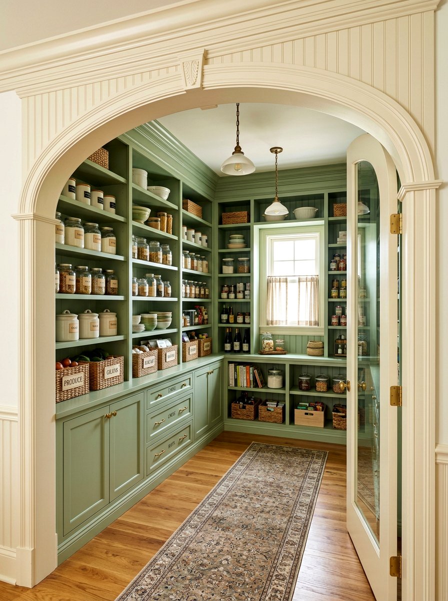 Sage green kitchen pantry with cream trim - 30 cream and sage kitchen ideas