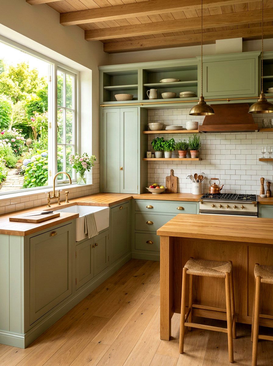 Sage green kitchen with wood tops - 30 butcher block countertop ideas