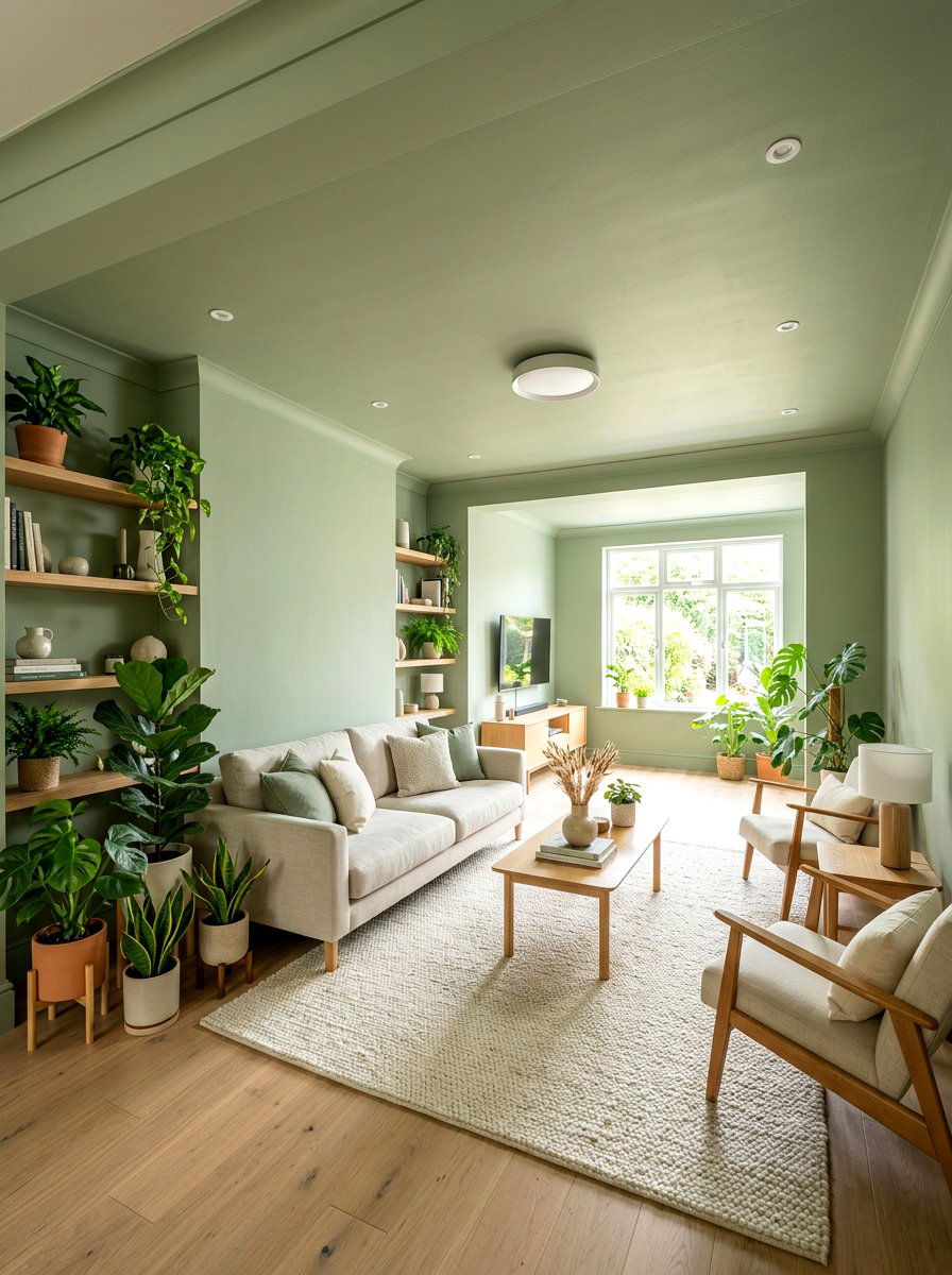 Sage green painted ceiling - 30 ceiling drench living room ideas