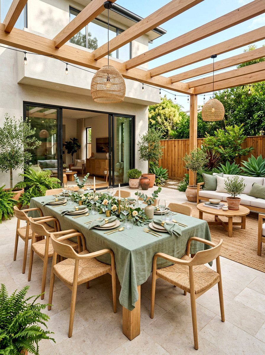 Sage green patio setting - 30 summer patio tablescape ideas