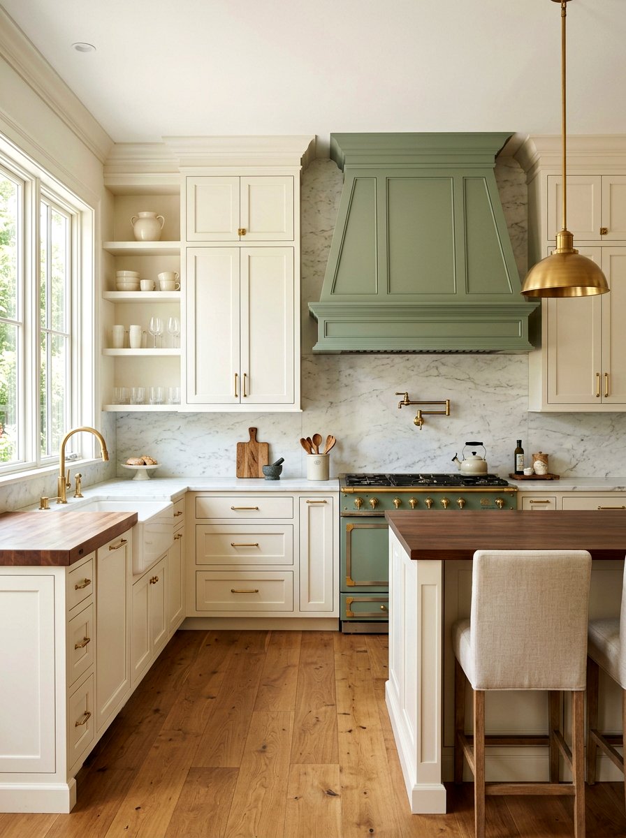 Sage green range hood in cream kitchen - 30 cream and sage kitchen ideas