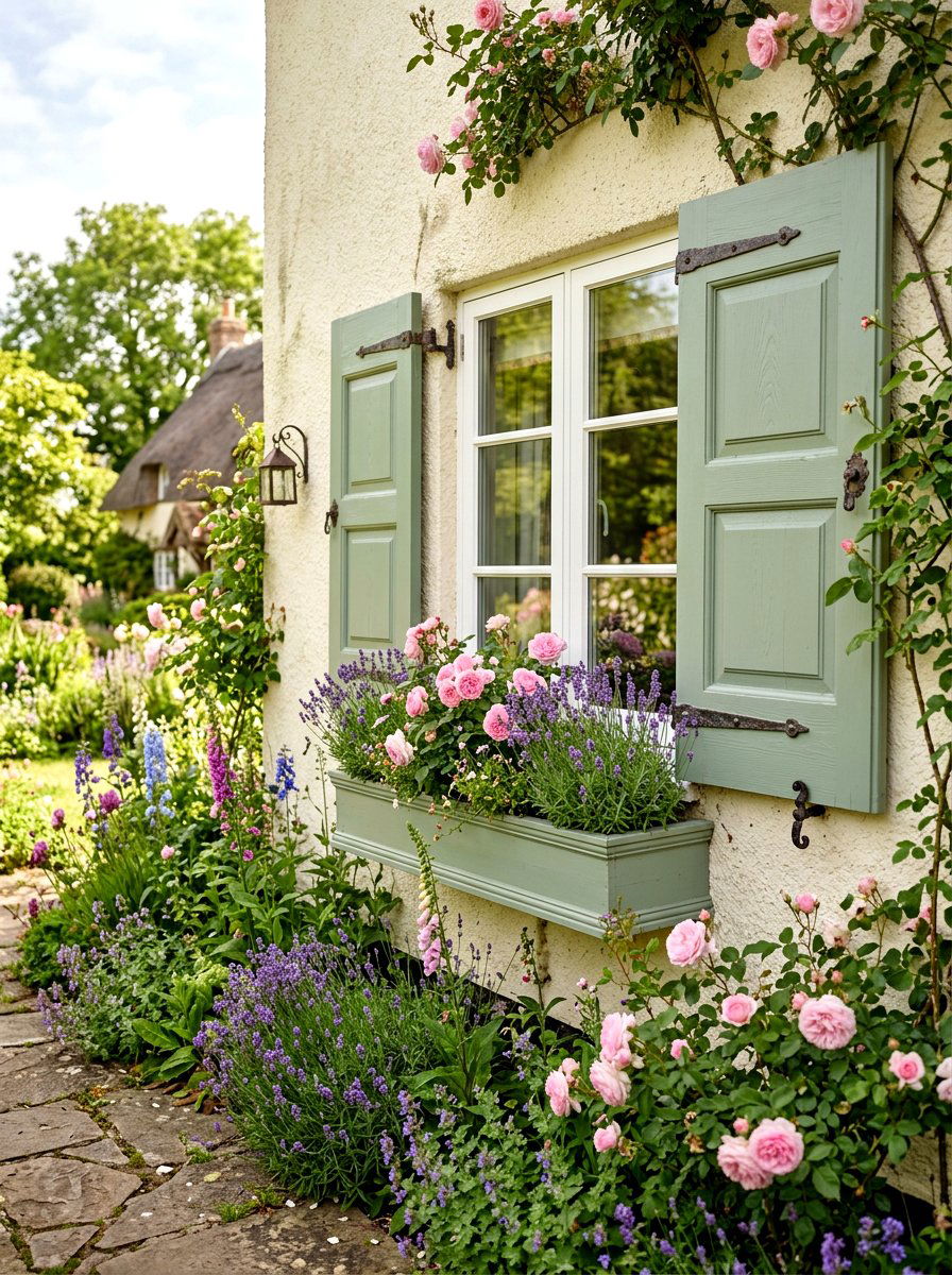 Sage green shutters - 30 shutters and flower box ideas