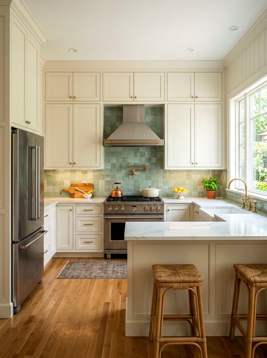Sage green tile backsplash with cream cabinetry - 30 cream and sage kitchen ideas