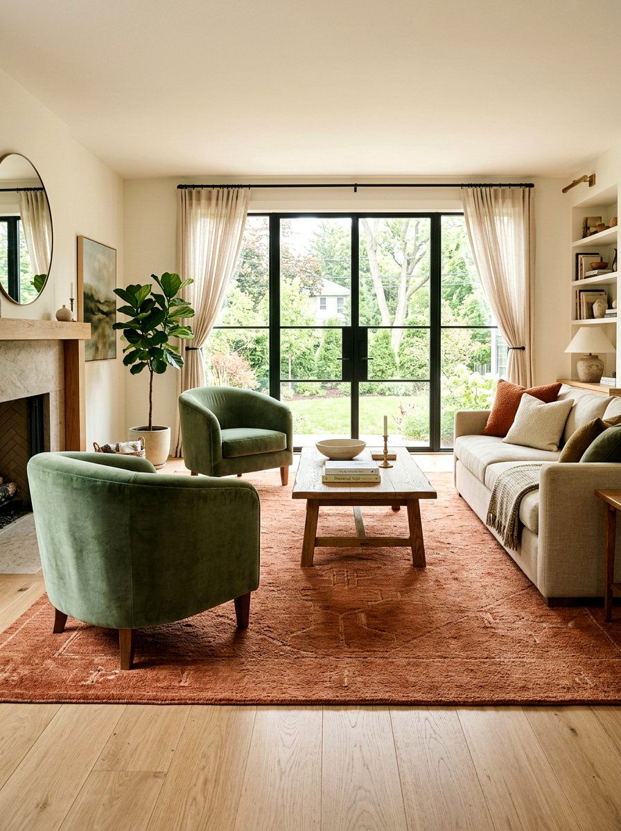Sage green velvet chair living room 1 - 30 terracotta and sage living room ideas