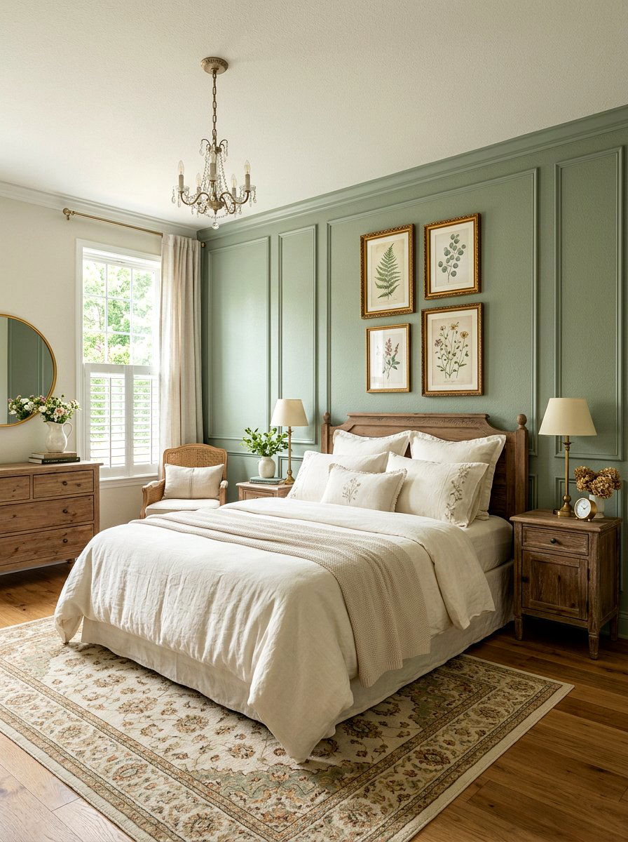Sage green wall - 30 Parisian hotel bedroom ideas