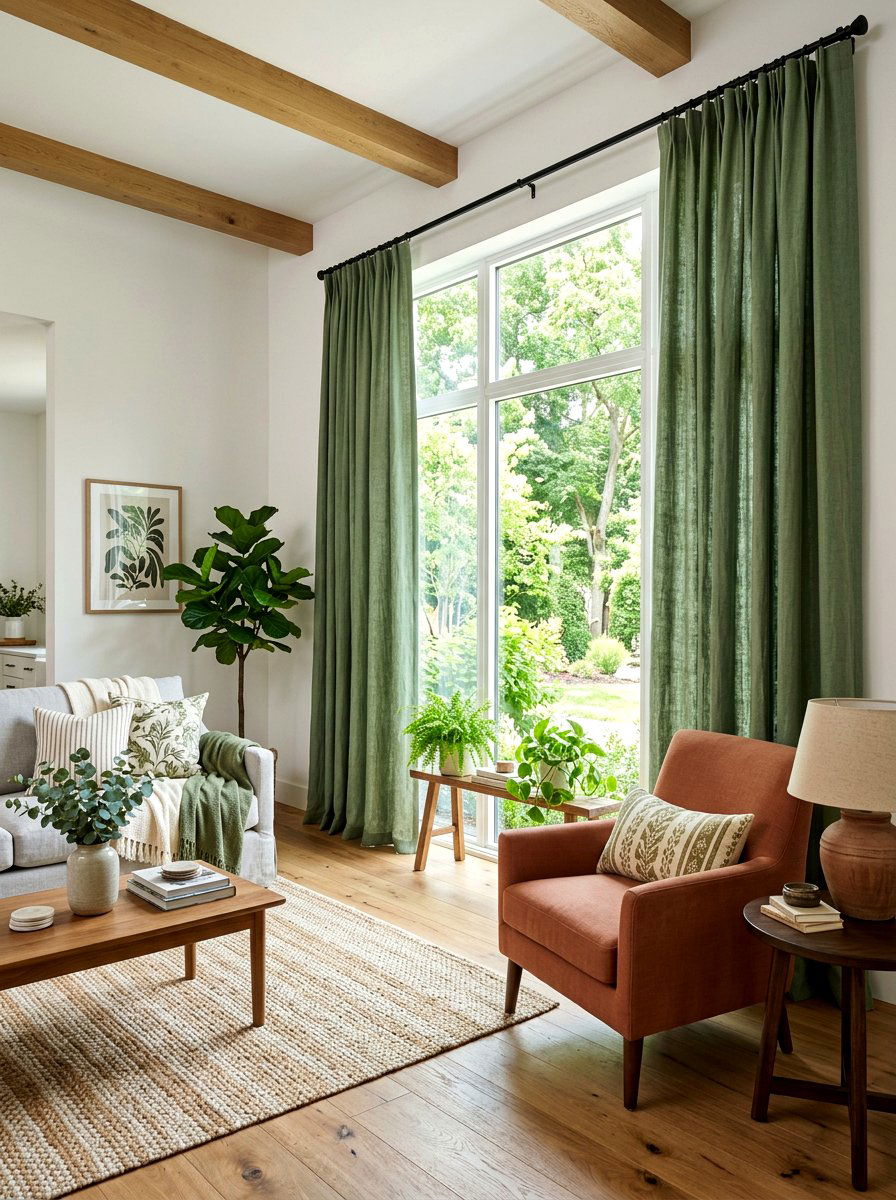 Sage green window curtain living room - 30 terracotta and sage living room ideas