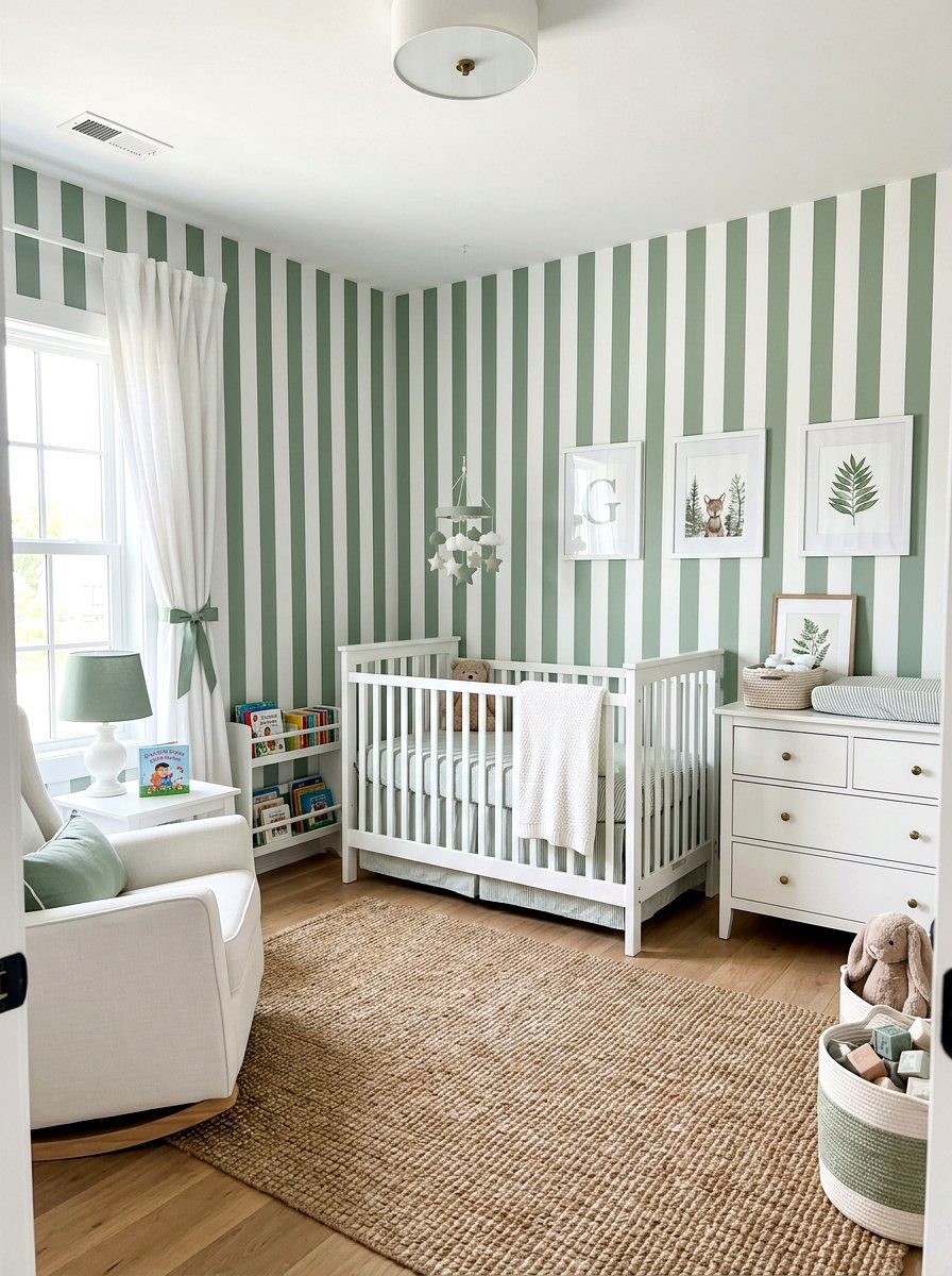 Sage striped nursery - 30 soft sage nursery ideas
