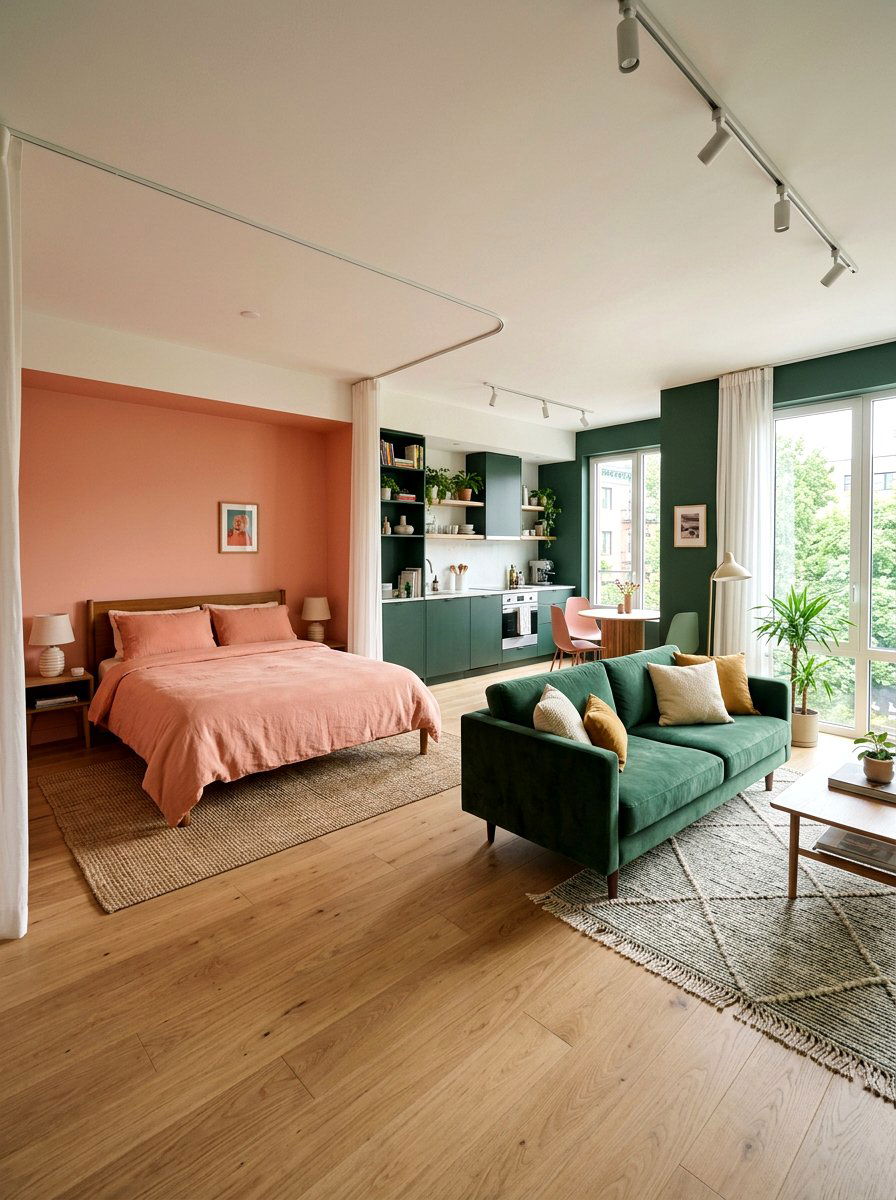 Salmon And Pine Studio Apartment - 30 color blocked room ideas