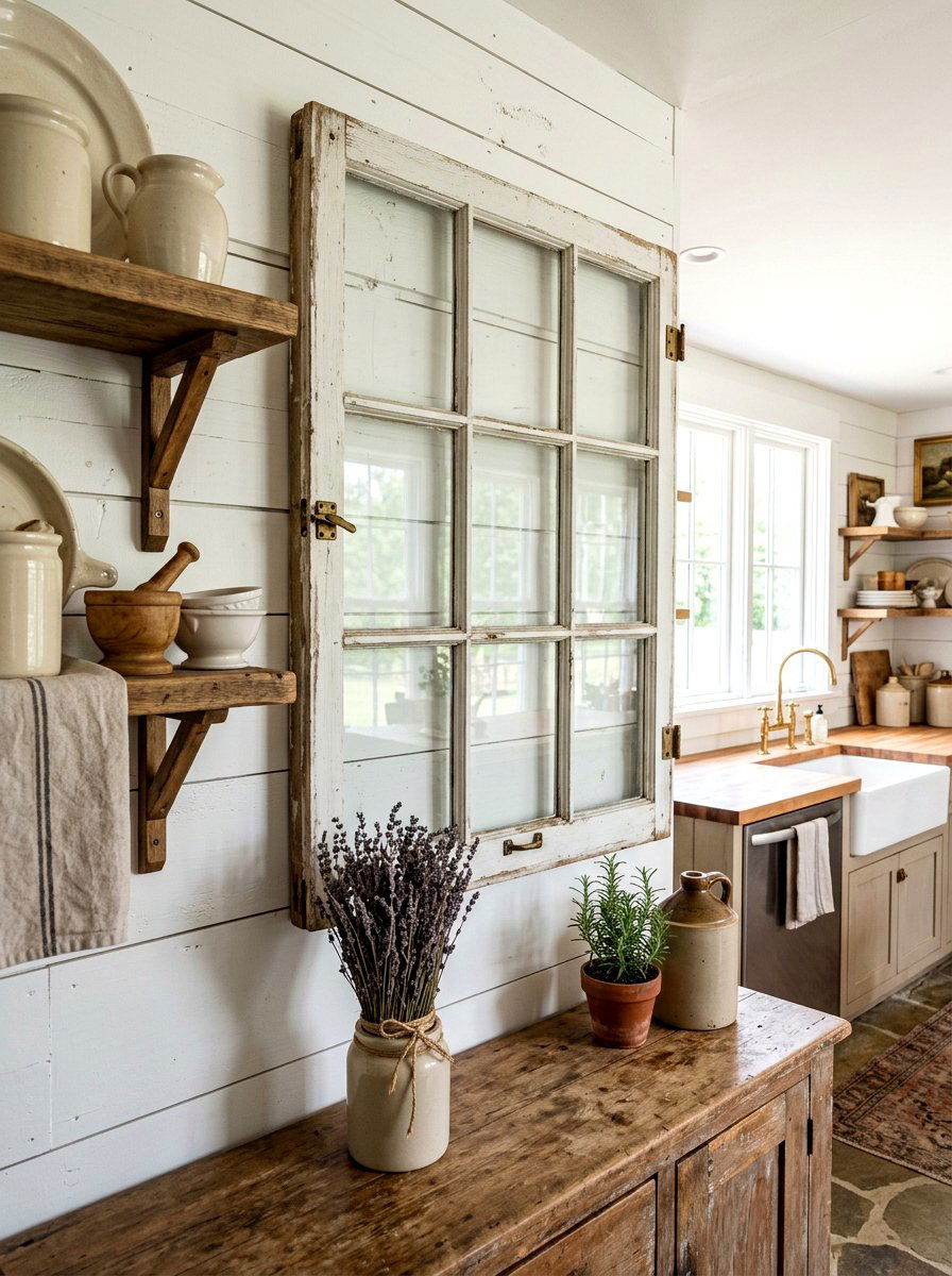 Salvaged Window Frame - 30 kitchen wall decor ideas