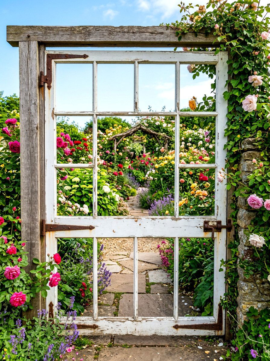 Salvaged window gate - 30 antique garden gate ideas