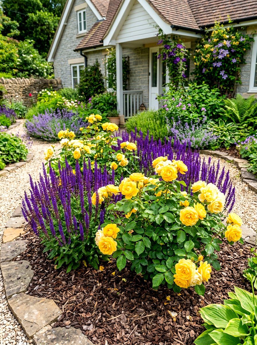 Salvia and rose pairing - 30 cottage rose border landscaping ideas