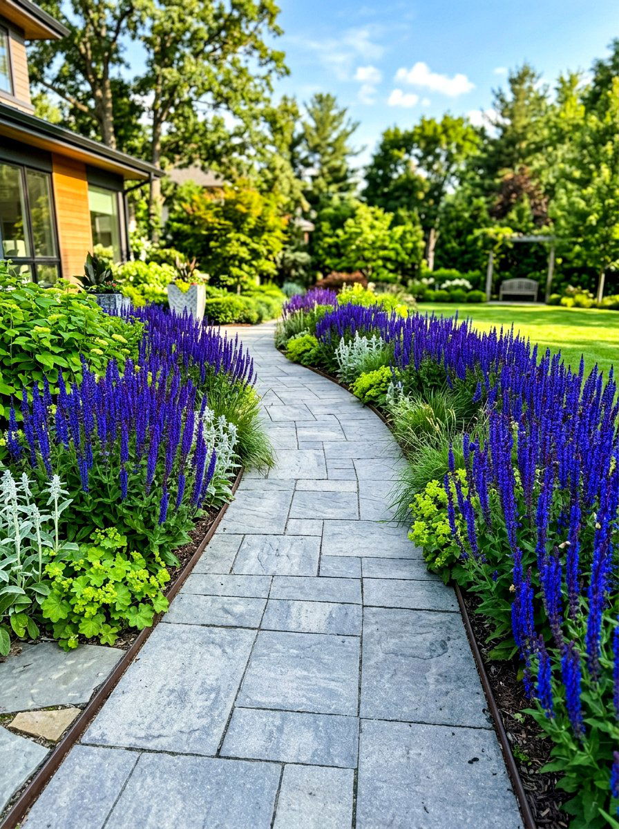 Salvia flower bed - 30 front path flower bed ideas