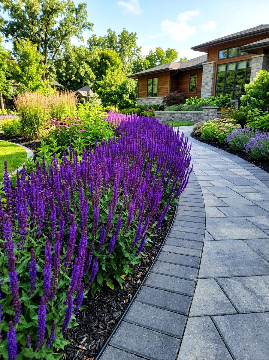 Salvia purple flower edge - 30 walkway border planting ideas