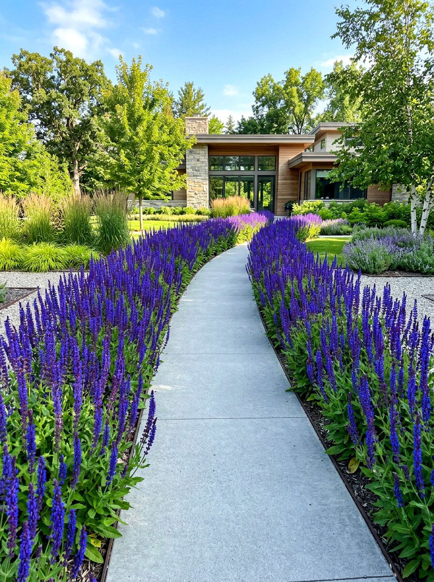 Salvia walkway border - 30 purple flower garden ideas