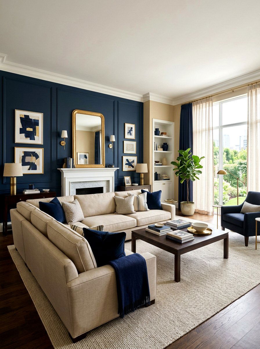 Sand and navy living room - 30 sand color living room ideas