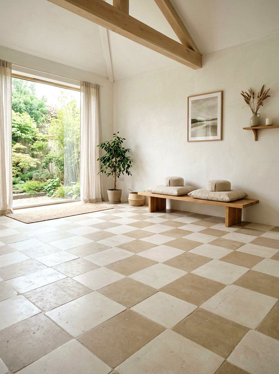 Sand and white checkered floor - 30 peel and stick checkerboard floor ideas