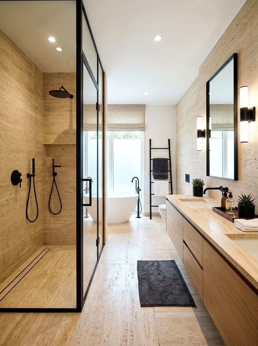 Sand bathroom tiles with black fixtures - 30 sand and black decor ideas