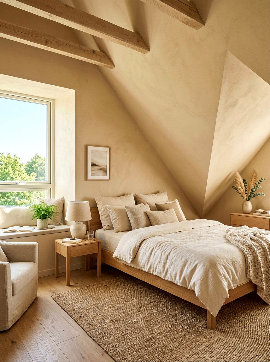 Sand beige attic bedroom - 30 spring color drench ideas