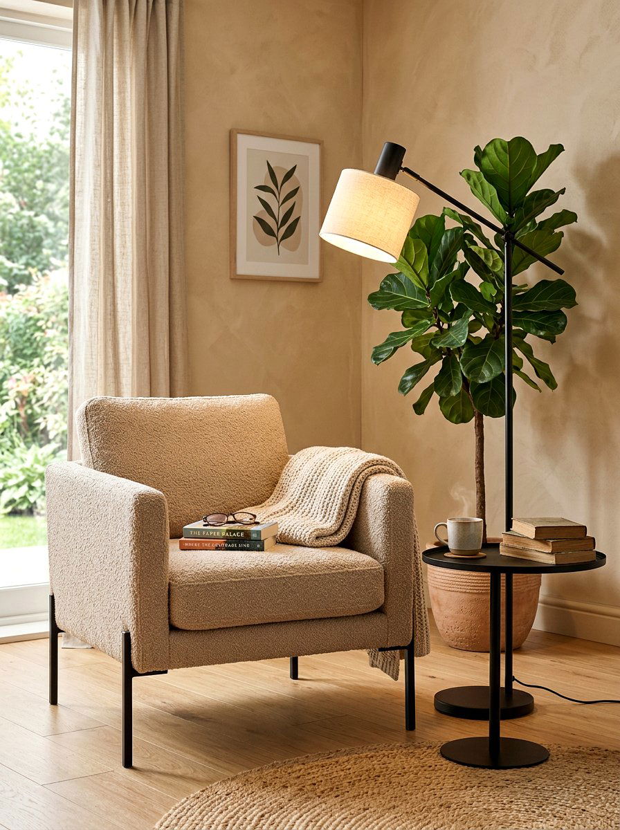 Sand boucle chair with black legs - 30 sand and black decor ideas